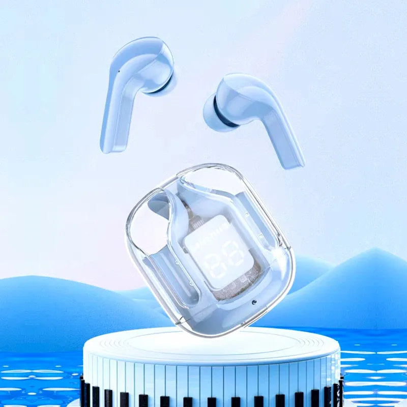 Transparent space capsule case Bluetooth earbuds with digital display in five colour options