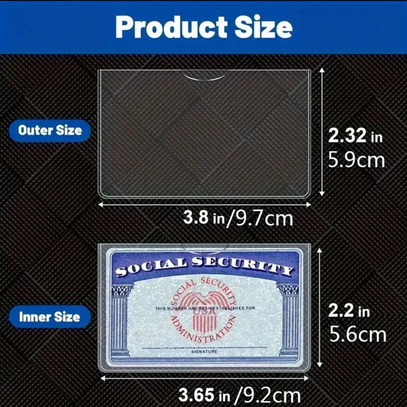 Clear PVC waterproof card holder for social security cards, sized 9.7 by 5.9 centimetres.