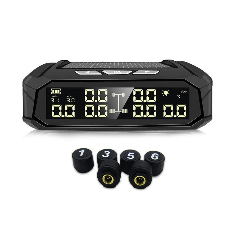 Solar tyre pressure monitor display unit with colour screen for six-wheel trucks and RVs