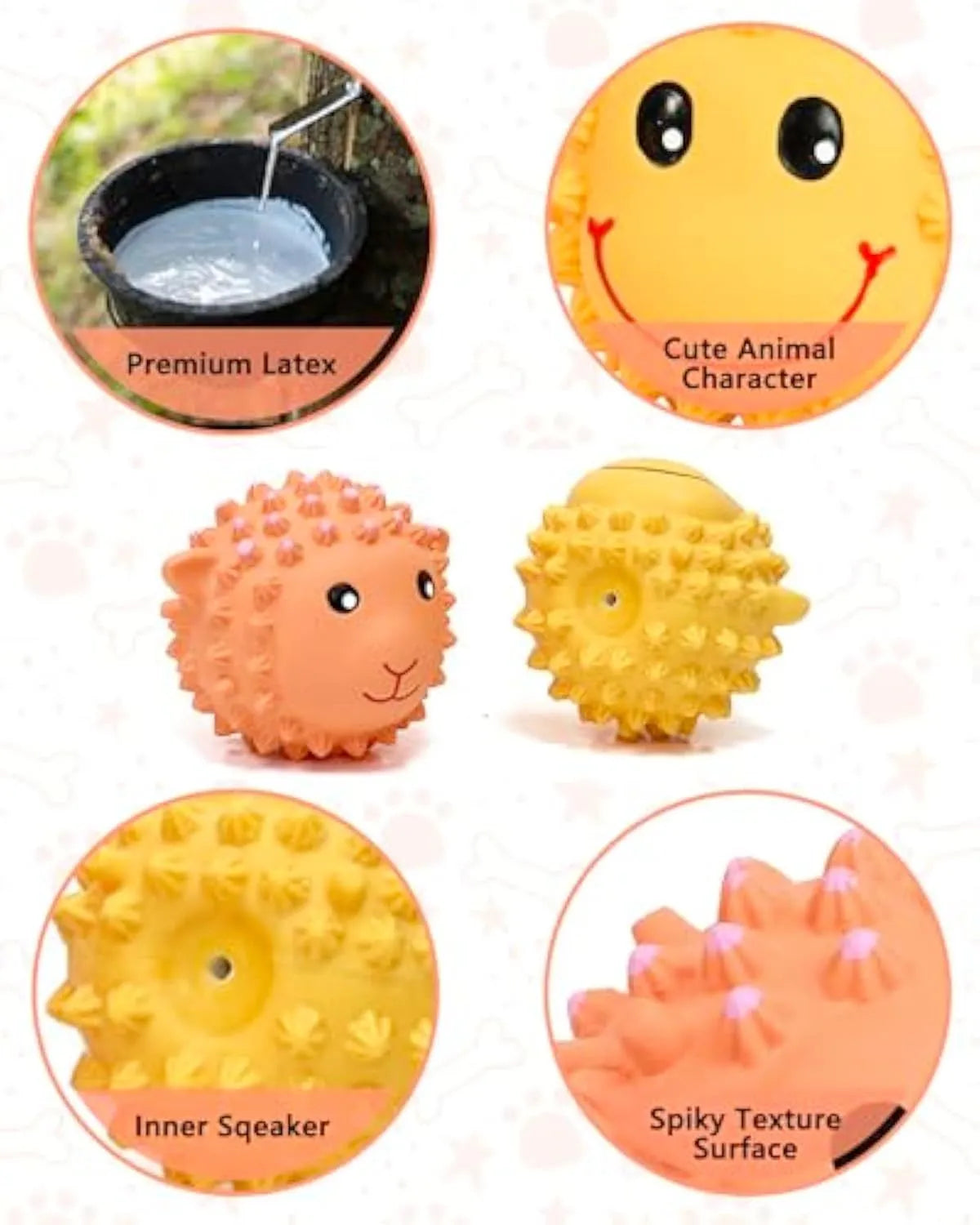 Orange and yellow squeaky latex dog toys with spiky texture for dental cleaning, 3-inch diameter