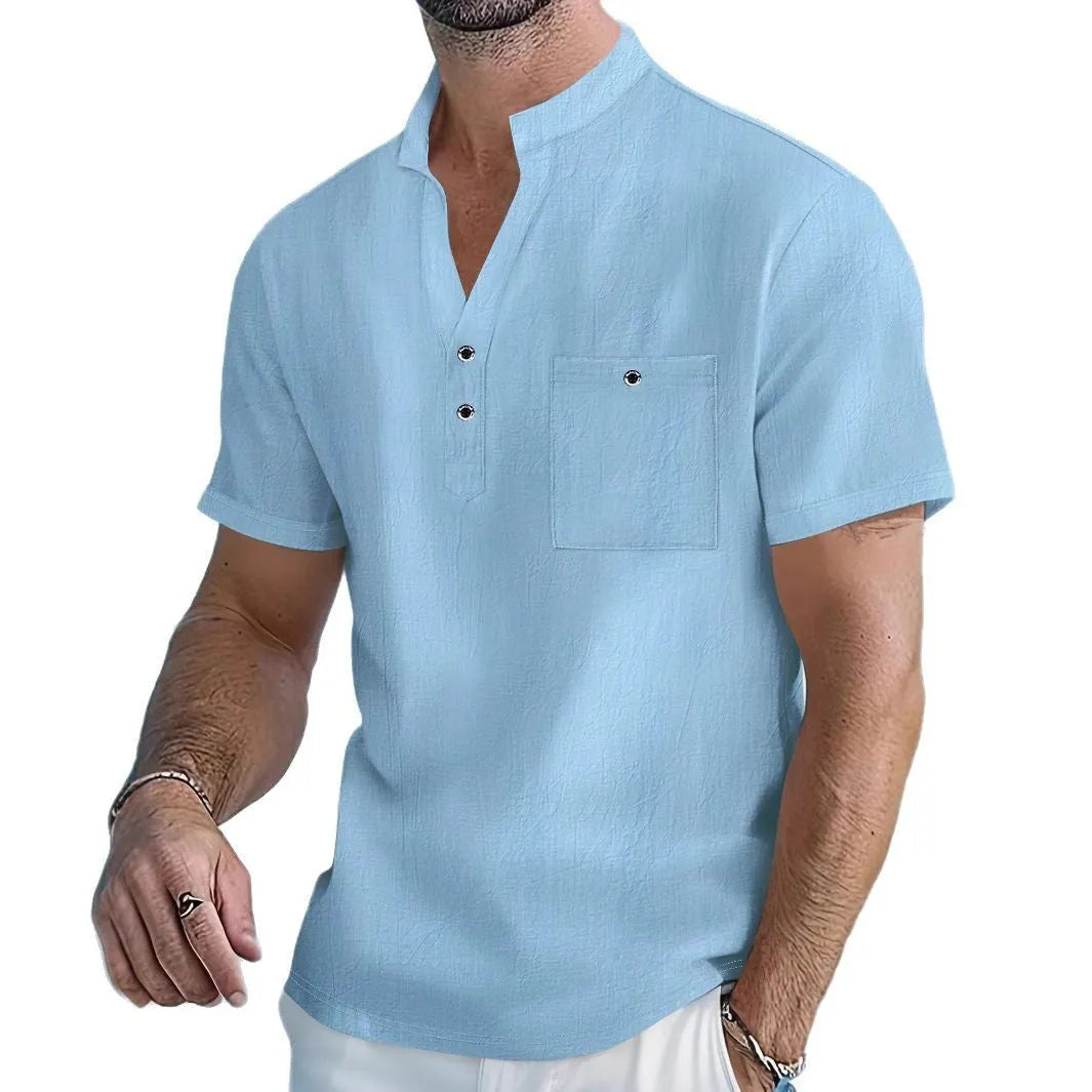 Men's stand collar linen short sleeve shirt in loose fit available in multiple solid colours