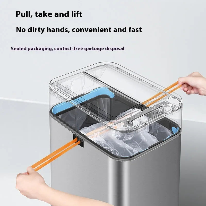 Square stainless steel smart trash can with inductive sensor lid.