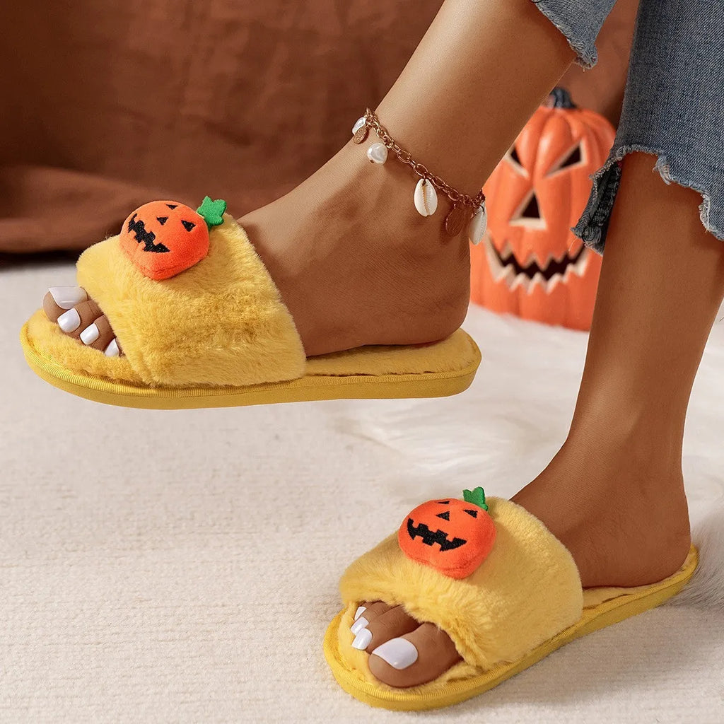 Halloween pumpkin cartoon plush open toe slippers in white and yellow colours with synthetic fur upper