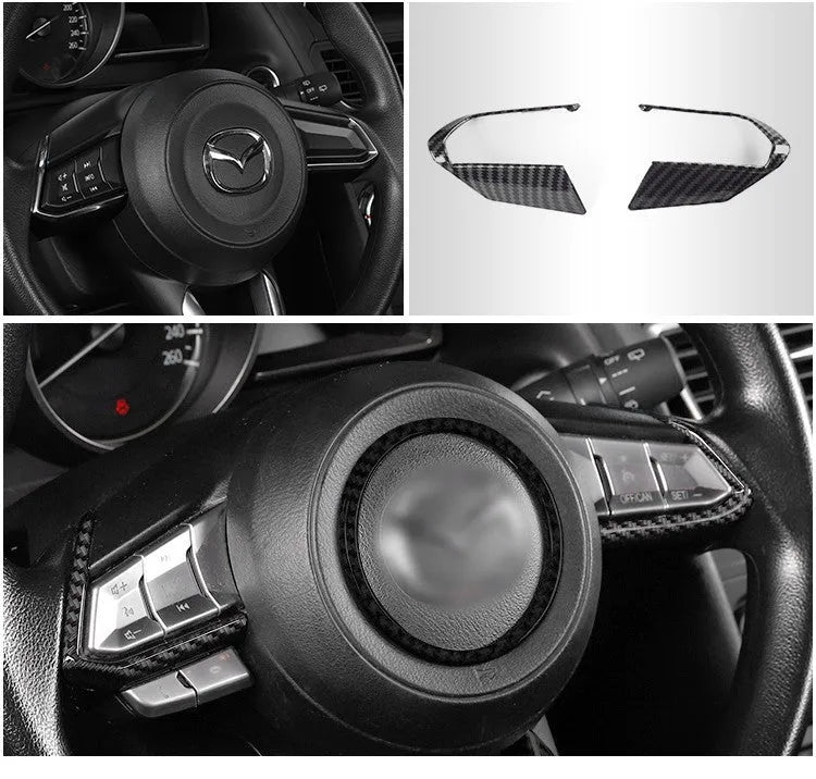 Pair of black ABS plastic steering wheel frame trims with adhesive backing for non-destructive car interior installation