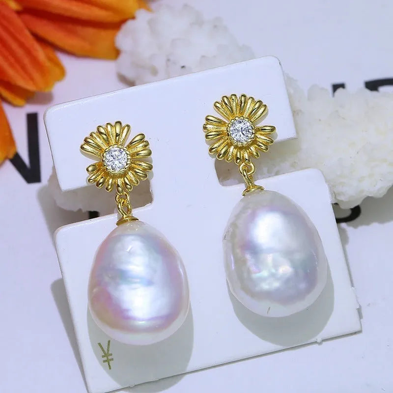 Baroque sterling silver flower earrings with ring holder frame in gold or silver colour options