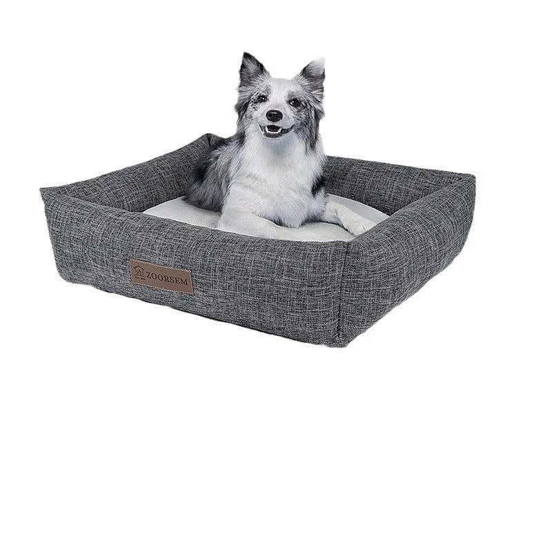Square grey linen dog bed for small to extra large dogs, shown on a wooden floor.