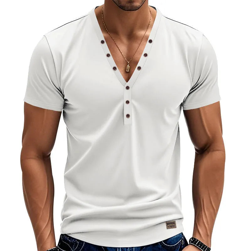 Men's loose fit V-neck T-shirt with button design in chemical fibre blend fabric