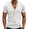 Men's loose fit V-neck T-shirt with button design in chemical fibre blend fabric