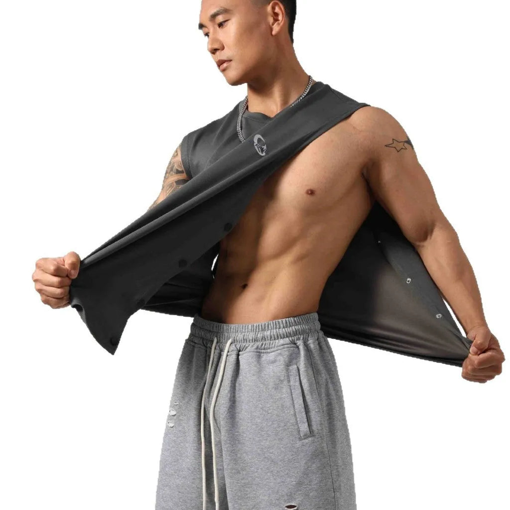 Men's grey Korean style cotton fitness vest showing hidden side hook opening detail.