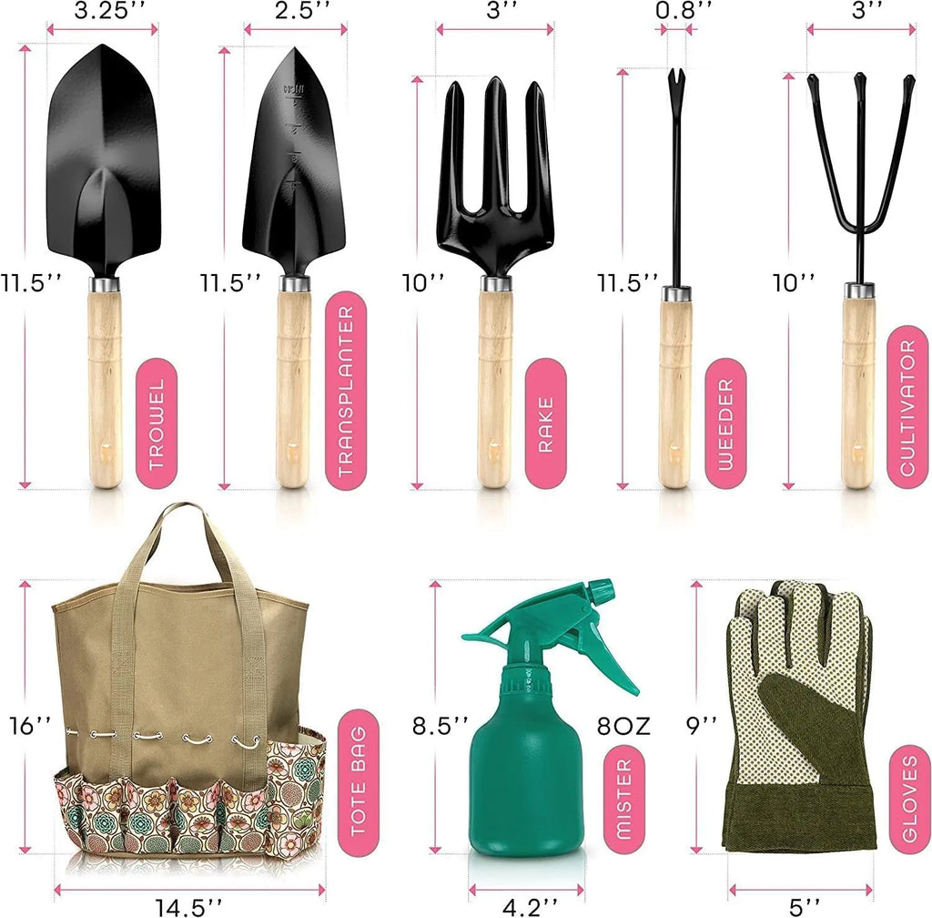 Eight-piece stainless steel gardening tool set with spade, trowel, fork and weed puller for garden maintenance