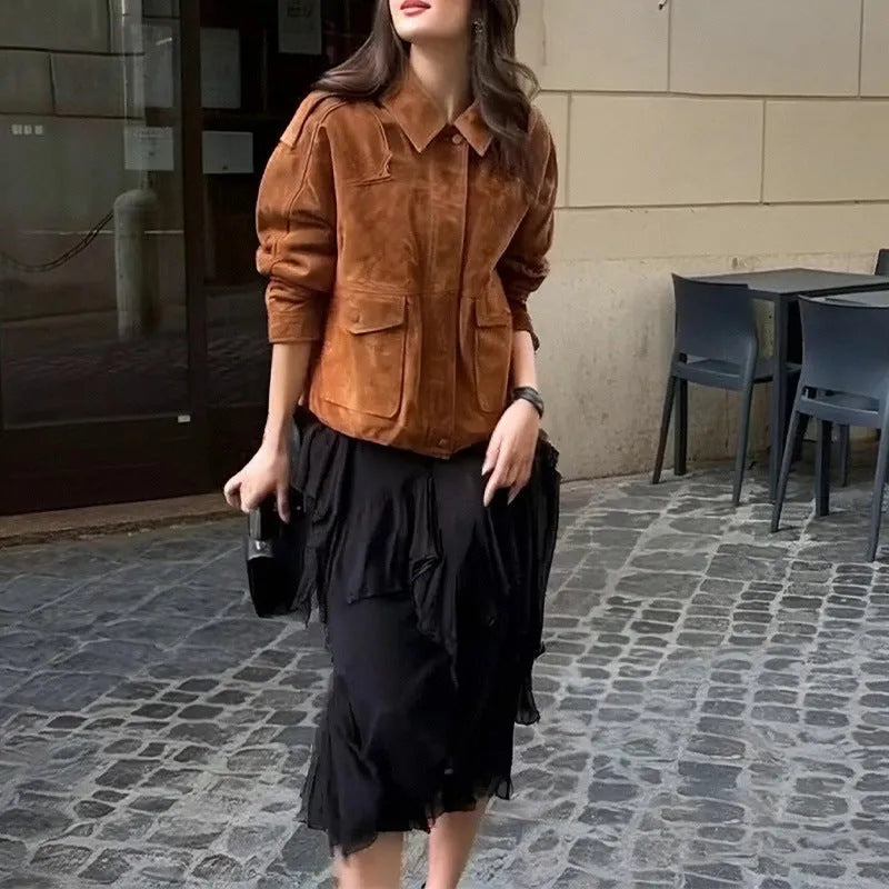 Women's brown suede-look coat with regular sleeves shown in S-3XL size range