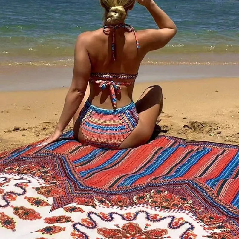 Women's three-piece swimsuit set showing high-waist briefs, cutout blouse, and matching coat