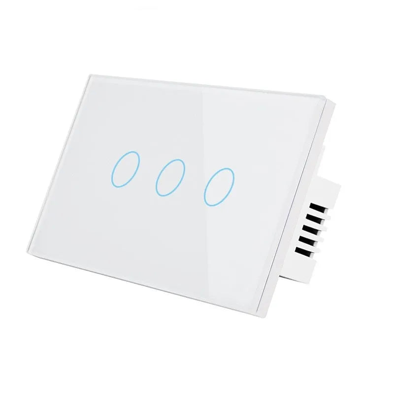White 2-gang RF remote control wall switch with tempered glass touch panel and LED indicators