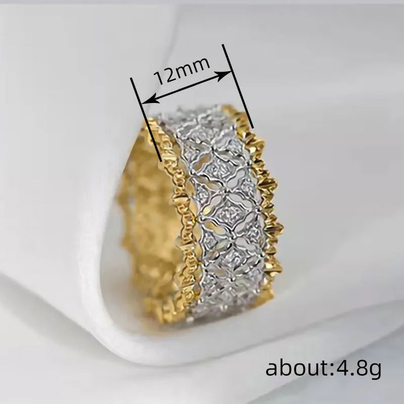 Gold two-tone geometric zircon ring with round elements on copper with electroplated finish