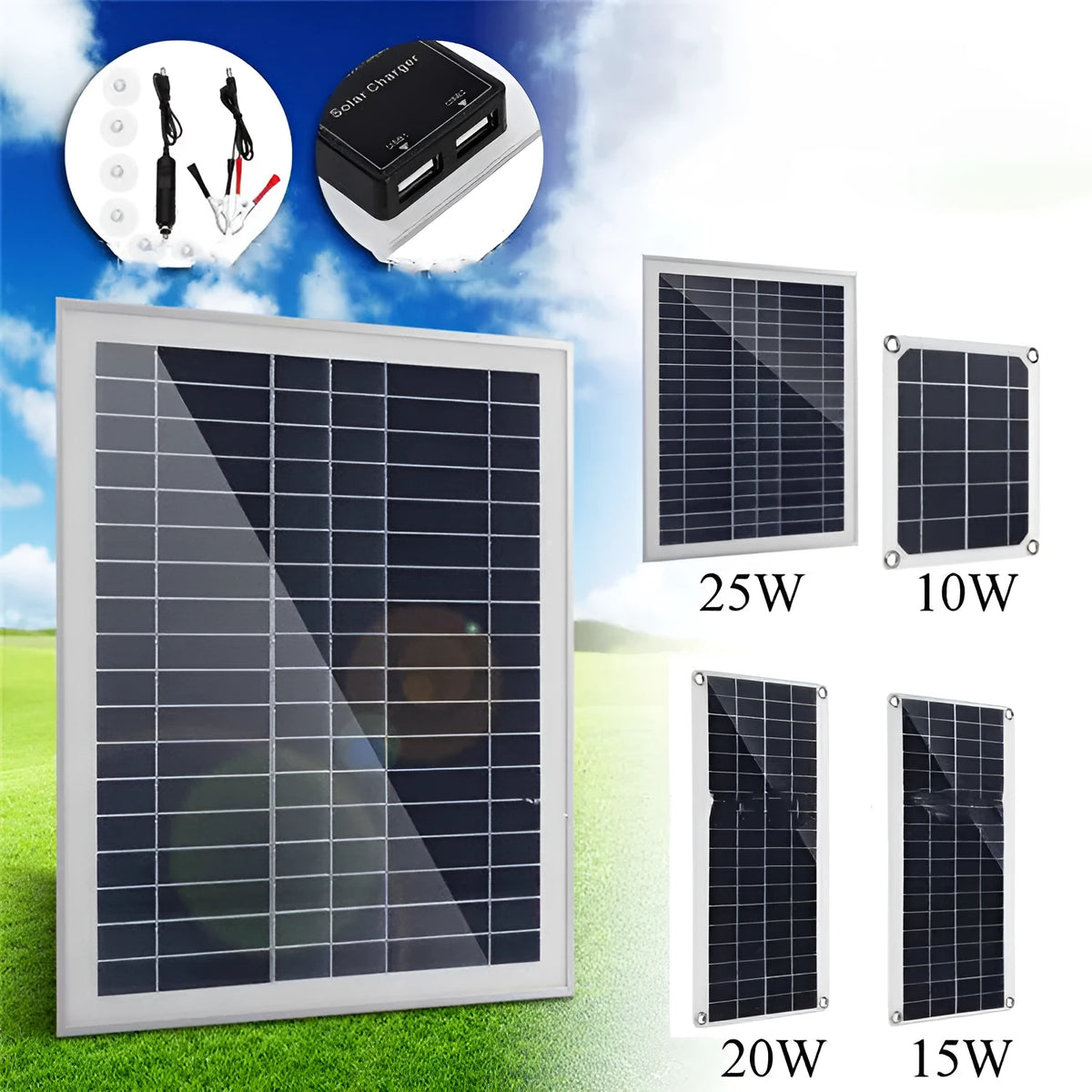 Polysilicon solar panel with dual USB ports for outdoor charging of phones and tablets.