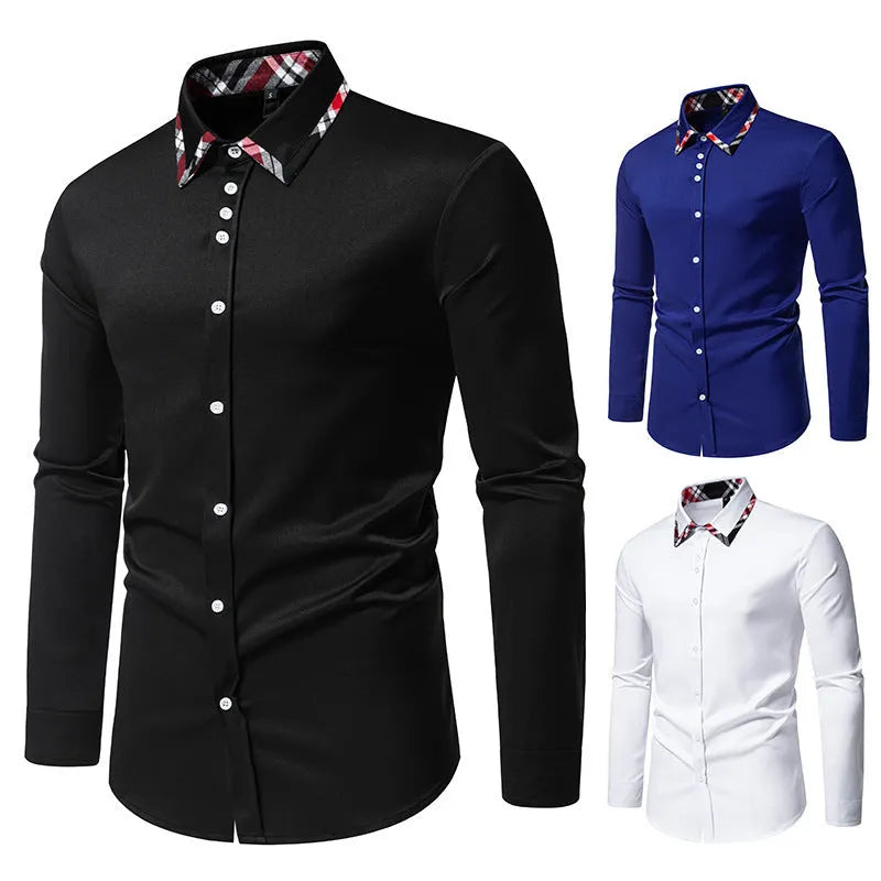 Men's plaid contrast triangle collar long sleeve shirt in polyester blend fabric