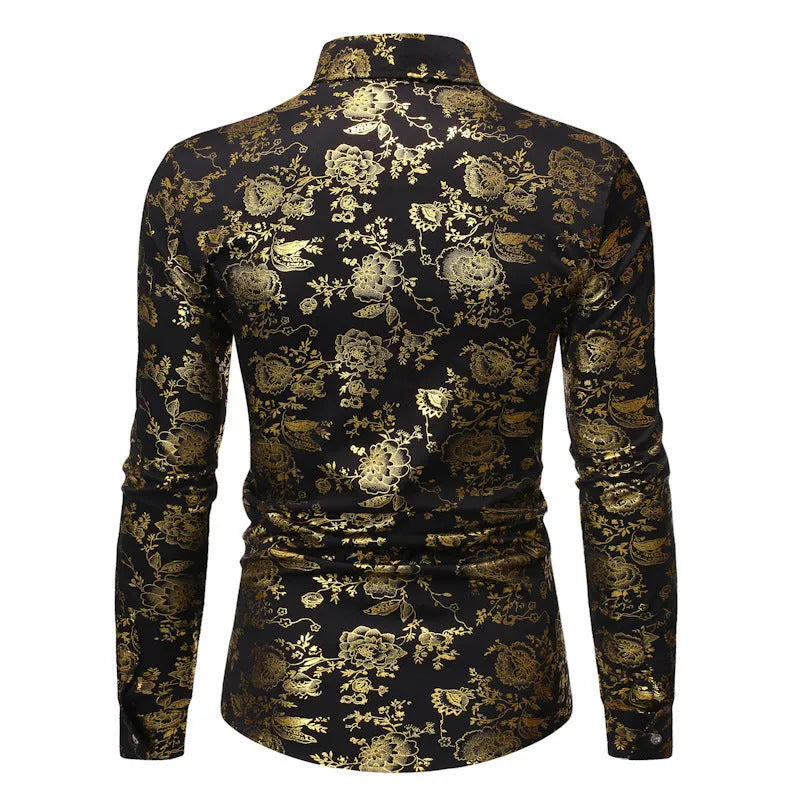 Man wearing a casual long sleeve lapel shirt with a metallic bronzing digital print pattern.