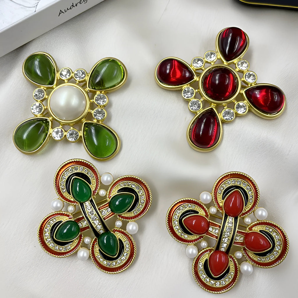 Vintage medieval baroque cross crystal brooch in zinc alloy showing eight colour style options