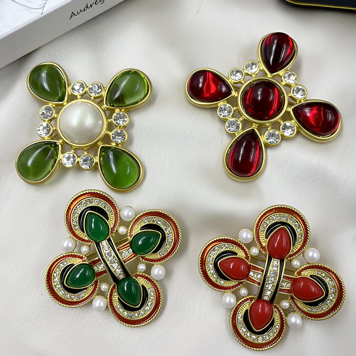 Vintage medieval baroque cross crystal brooch in zinc alloy showing eight colour style options