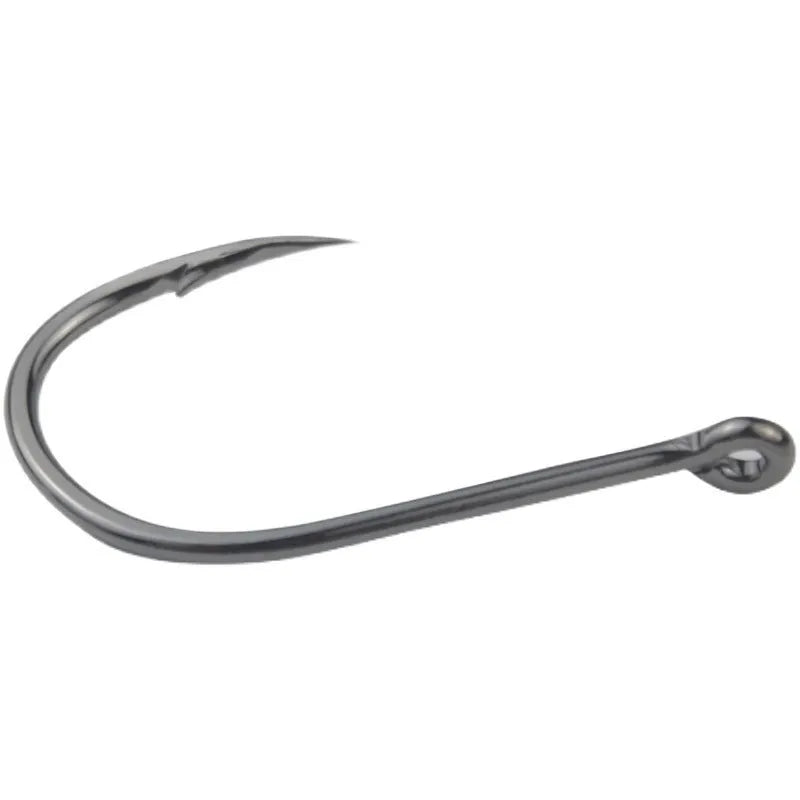 Bulk pack of barbed fishing hooks with crooked mouth and hole ring, made from alloy carbon steel.