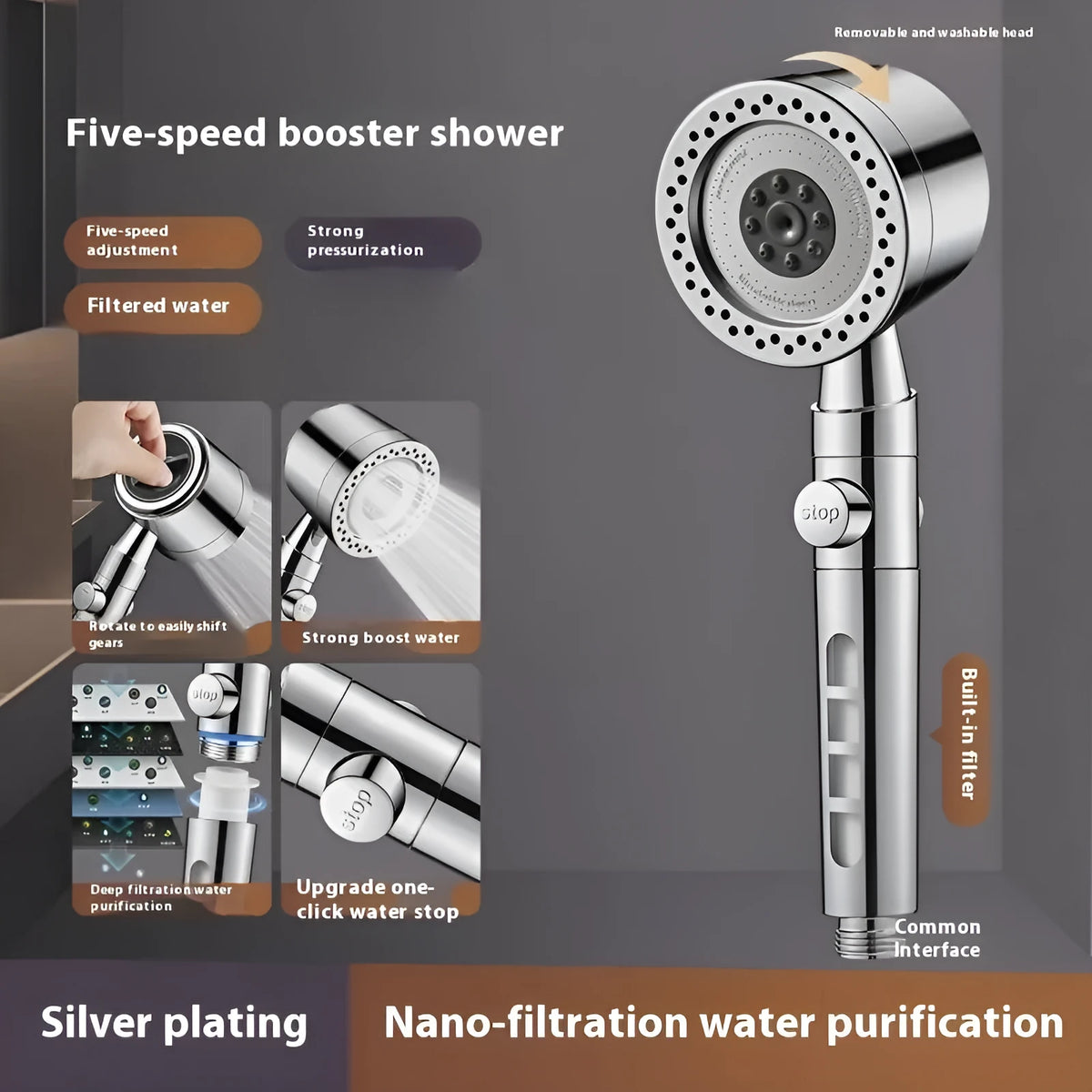 Silver portable shower head with chrome finish and multiple spray settings.