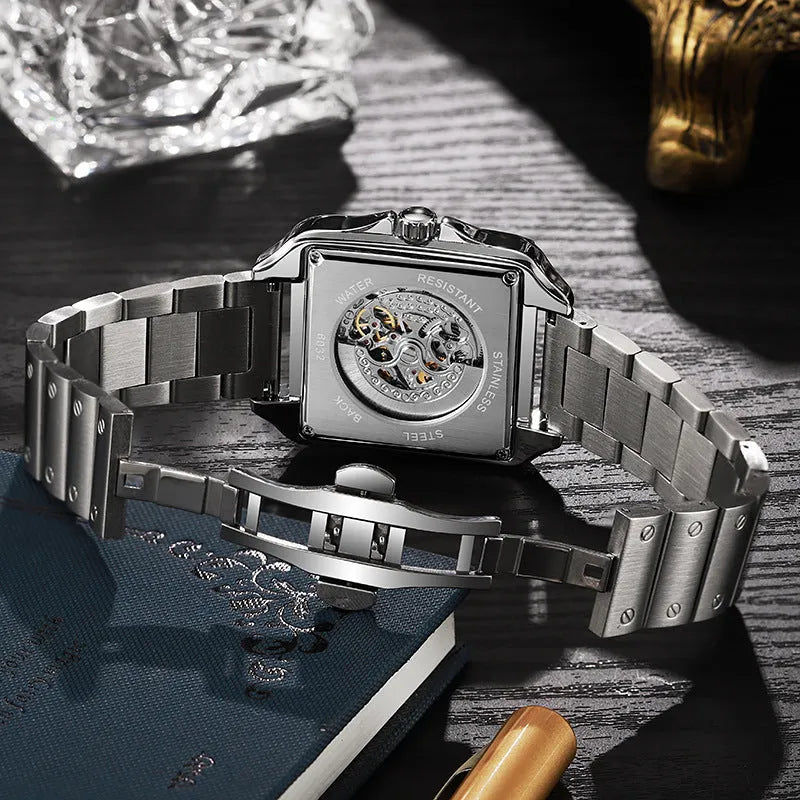 Men's square automatic watch with diamond studs on steel or leather strap