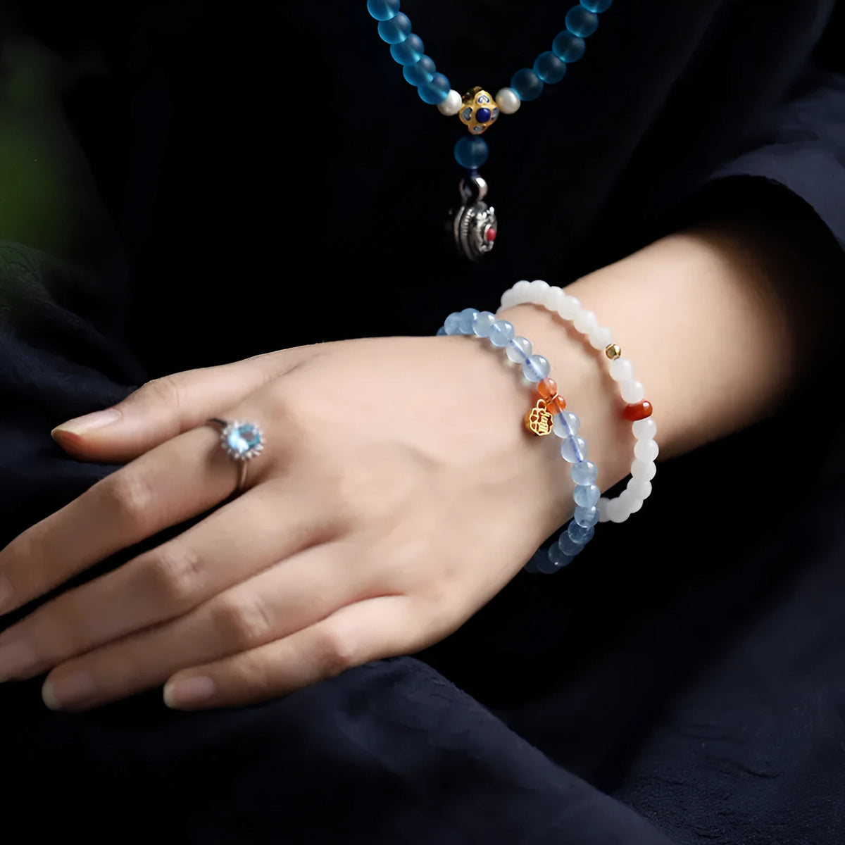 Ice translucent aquamarine crystal bracelet with 8mm round beads and sequin decoration
