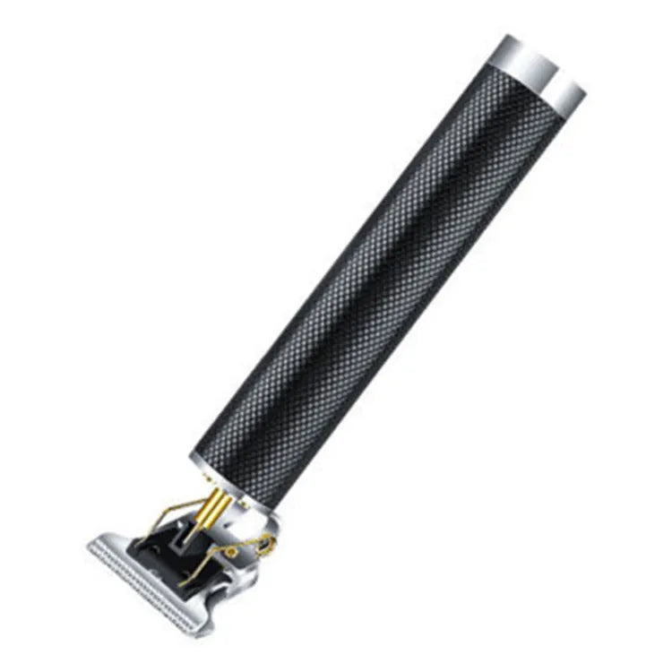 Black rechargeable electric hair clipper with gold steel blade and four guide combs