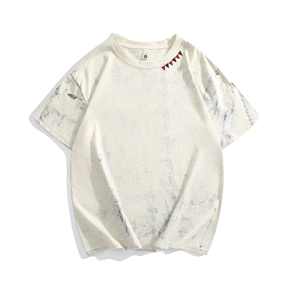 Grey tie dye patterned loose fit t-shirt with short sleeves and round neck collar