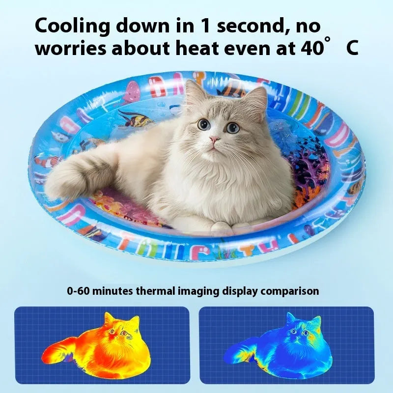 PVC water-filled cooling mat for cats in dolphin design showing water chamber construction