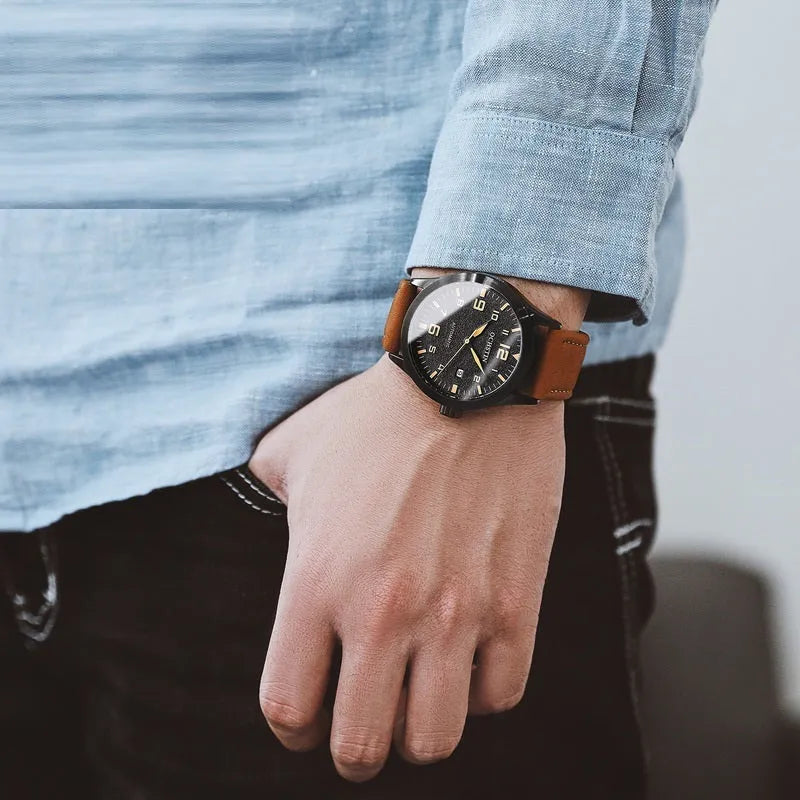 Men's retro business automatic watch with leather strap in multiple colour options
