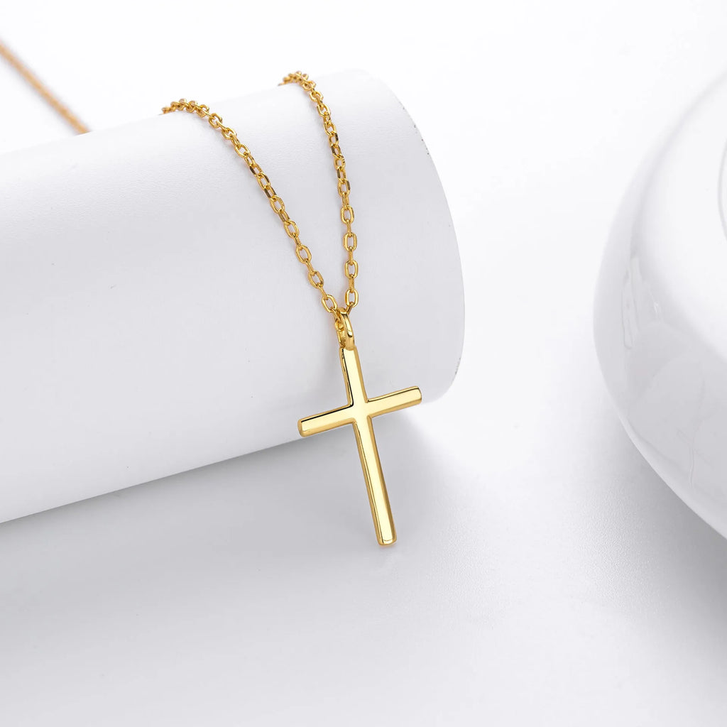 Simple glossy cross pendant on an adjustable O-chain sterling silver necklace in gold plating