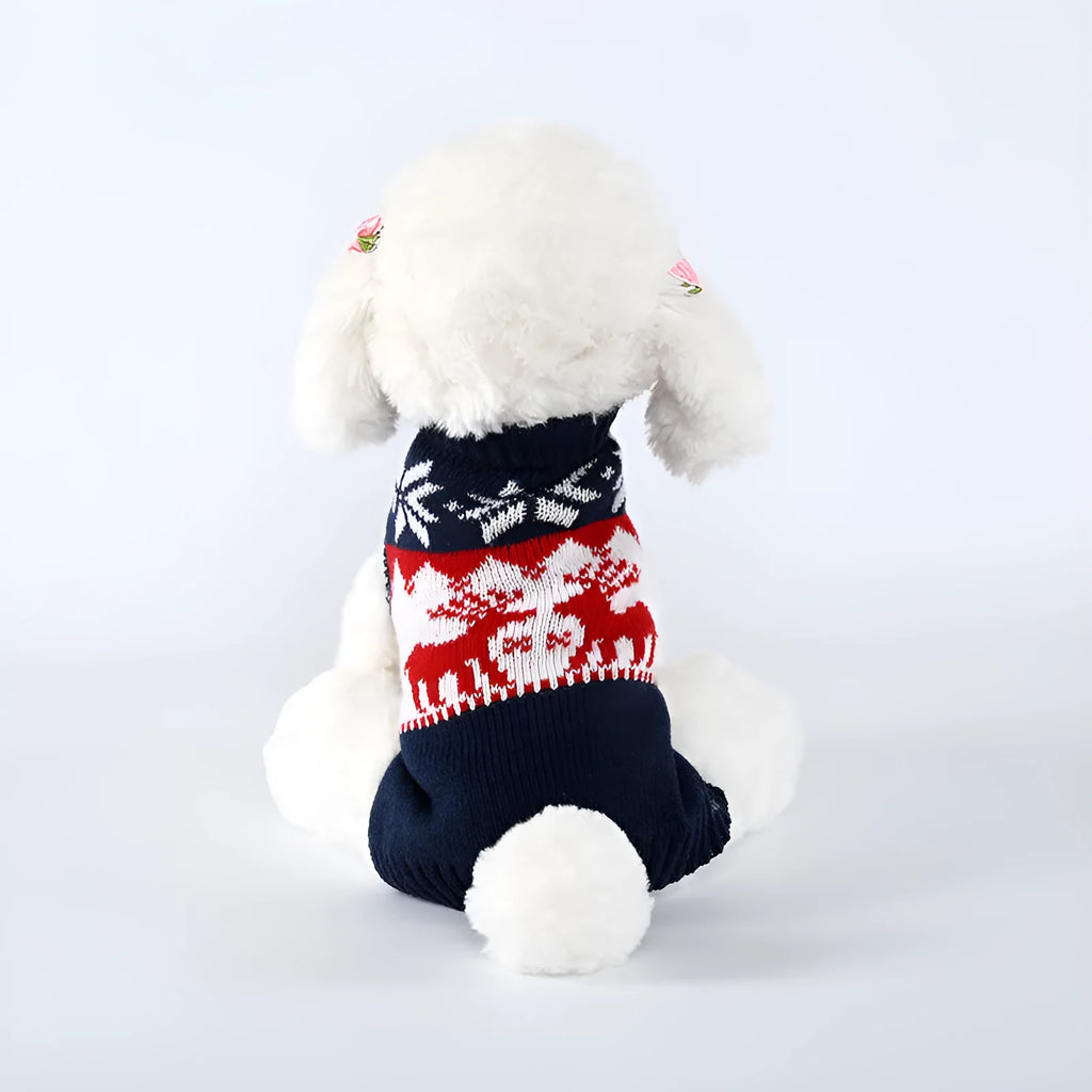 Navy blue knitted Christmas sweater for dogs on small to medium breed