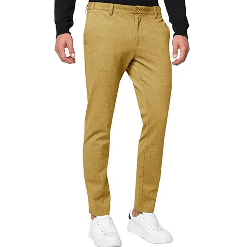 Men's slim-fit tapered chino trousers in stretch cotton blend fabric, shown in Army Green colour