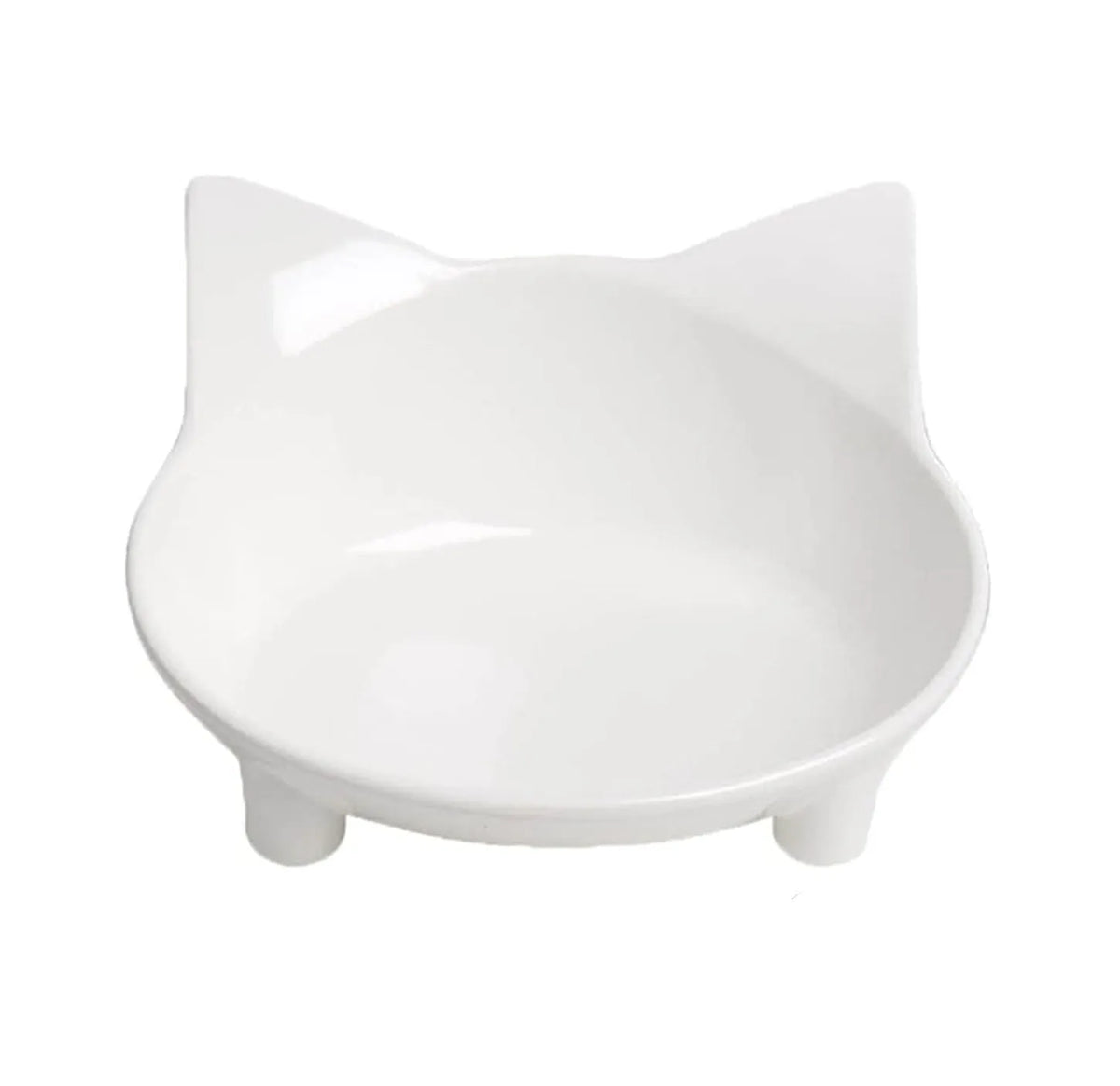 Set of four white shallow melamine pet bowls with black non-slip rubber bases on a table.