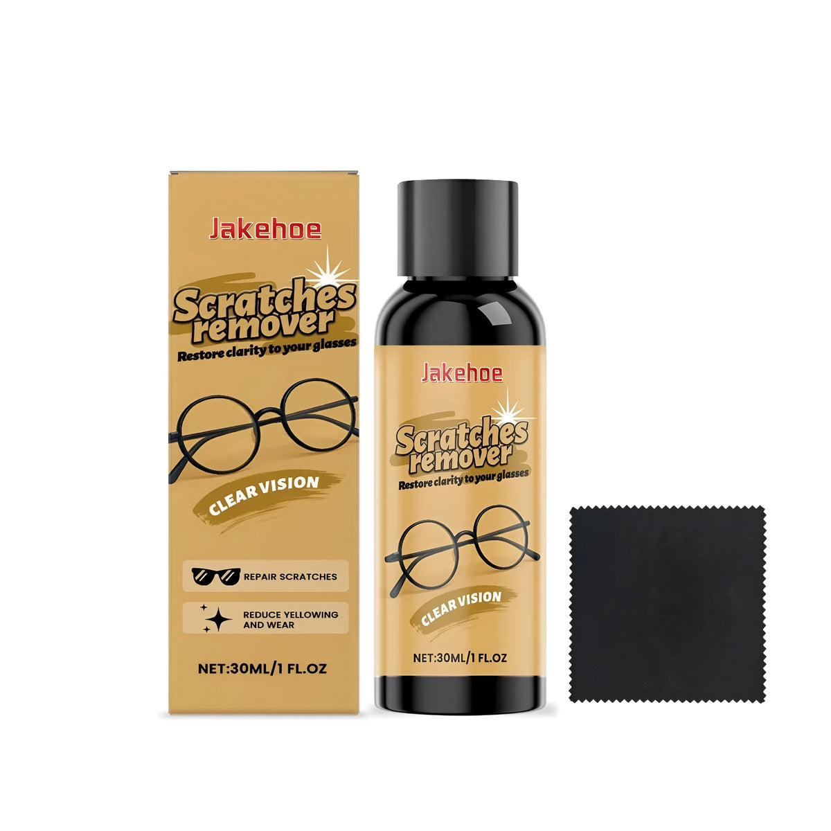 30ml bottle of glasses scratch remover liquid and a microfiber cloth for lens polishing.