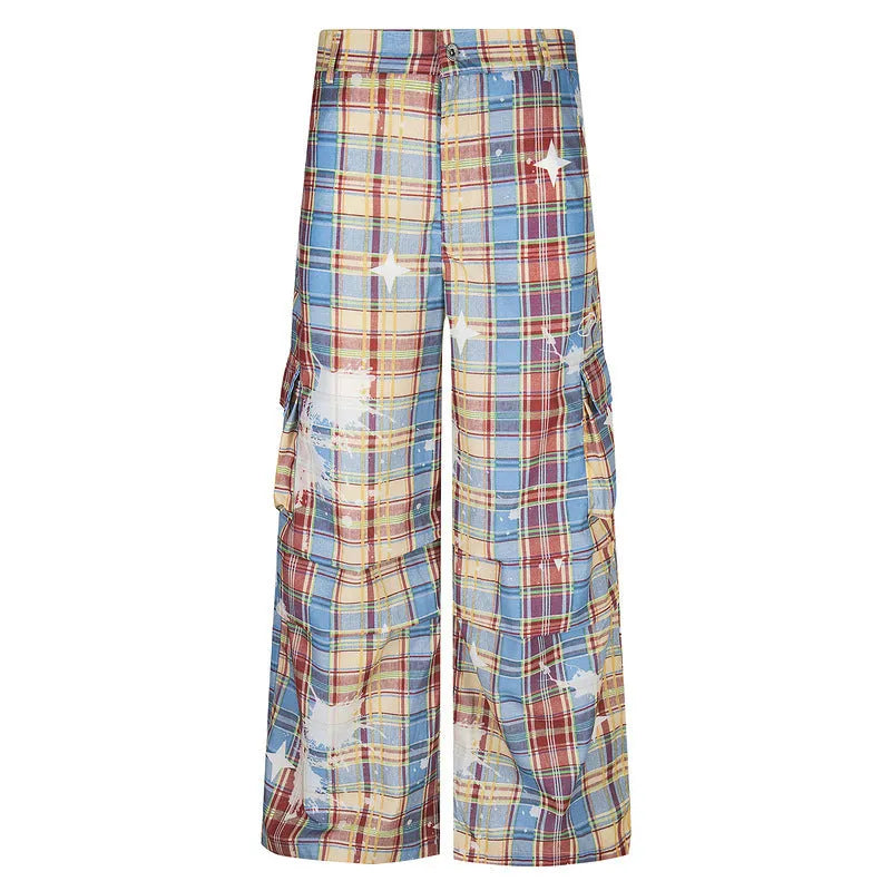 Men's blue and yellow plaid retro overalls with straight-leg trousers design and mid-waist fit
