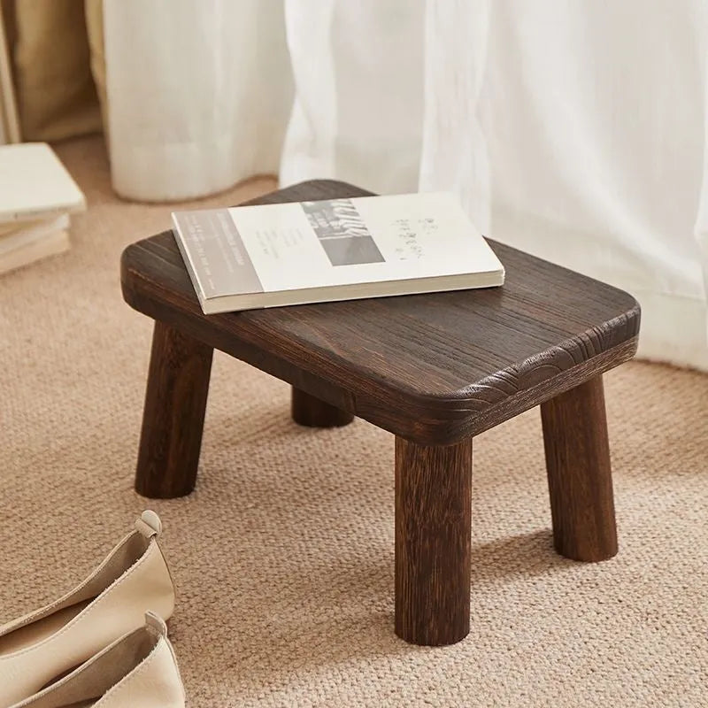 Solid wood distressed finish shoes changing stool with bracket structure