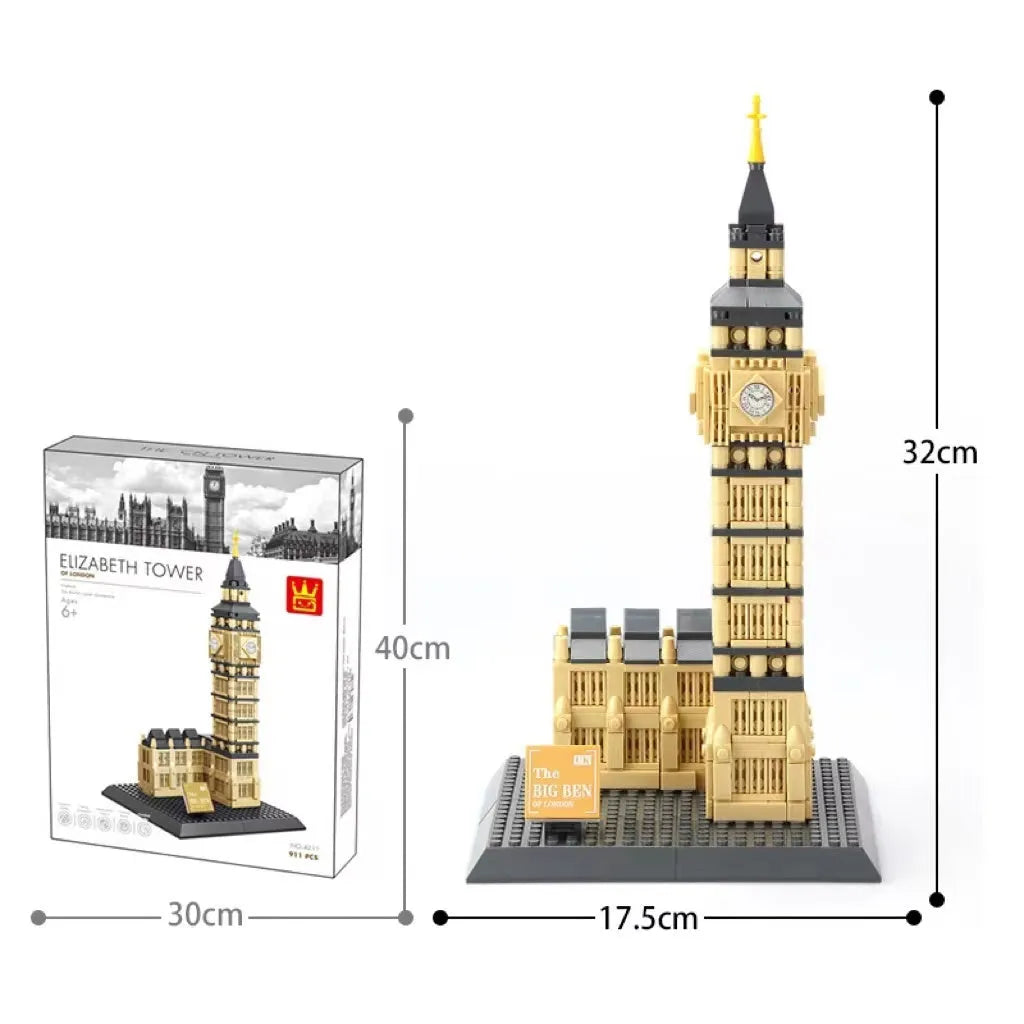 Wange plastic building blocks set with over 800 pieces showing global landmark designs including Eiffel Tower and Taj Mahal