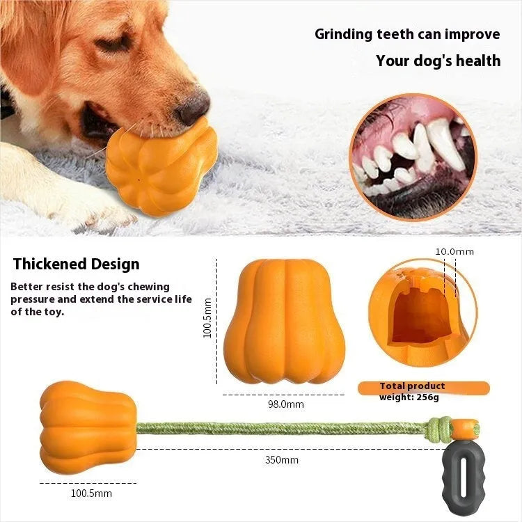 Orange pumpkin-shaped plastic dog toy with bite molar texture and rope handle for aggressive chewers