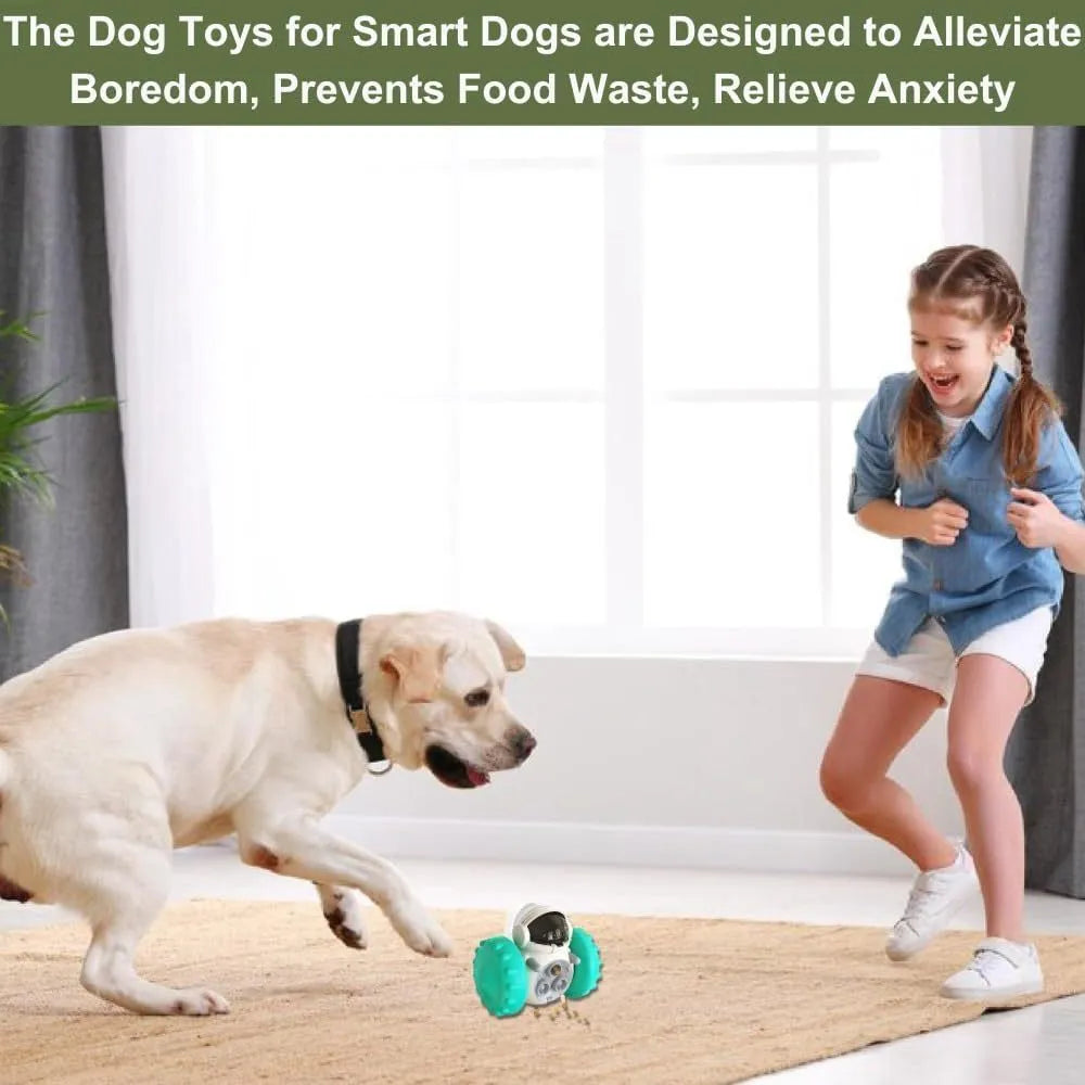 Self-balancing dog treat dispenser toy with robot design in multiple colours