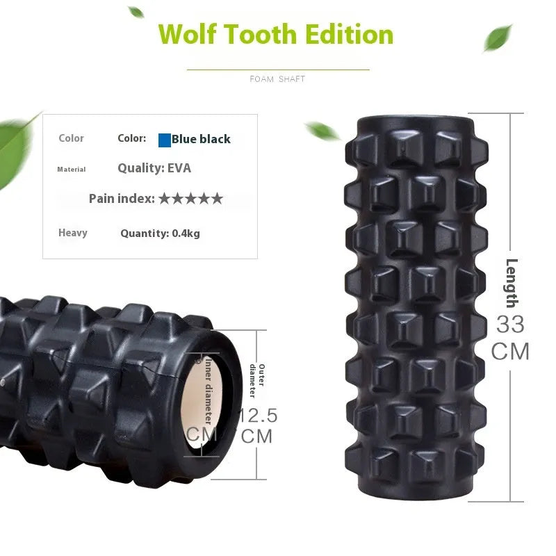 Black foam massage roller stick with six gear segments, 33cm long.