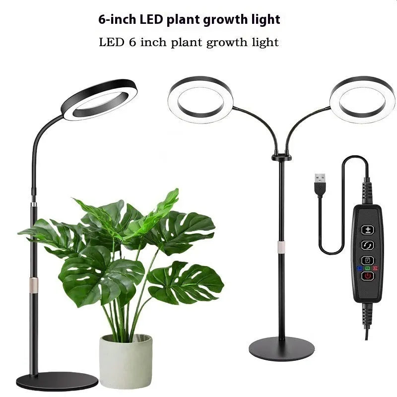 A white aluminium alloy retractable floor lamp with a 6-inch ring of 72 LED grow lights, extended to its full height.
