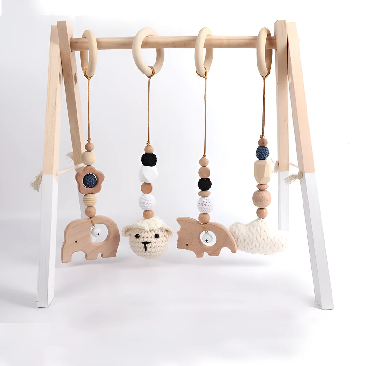 Beech wood animal baby rattle pendant four-piece set, 28cm, with 5.8cm wood circle and cotton thread
