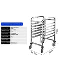 Stainless steel six-layer baking tray rack with locking mechanism and 40x60cm sheets.