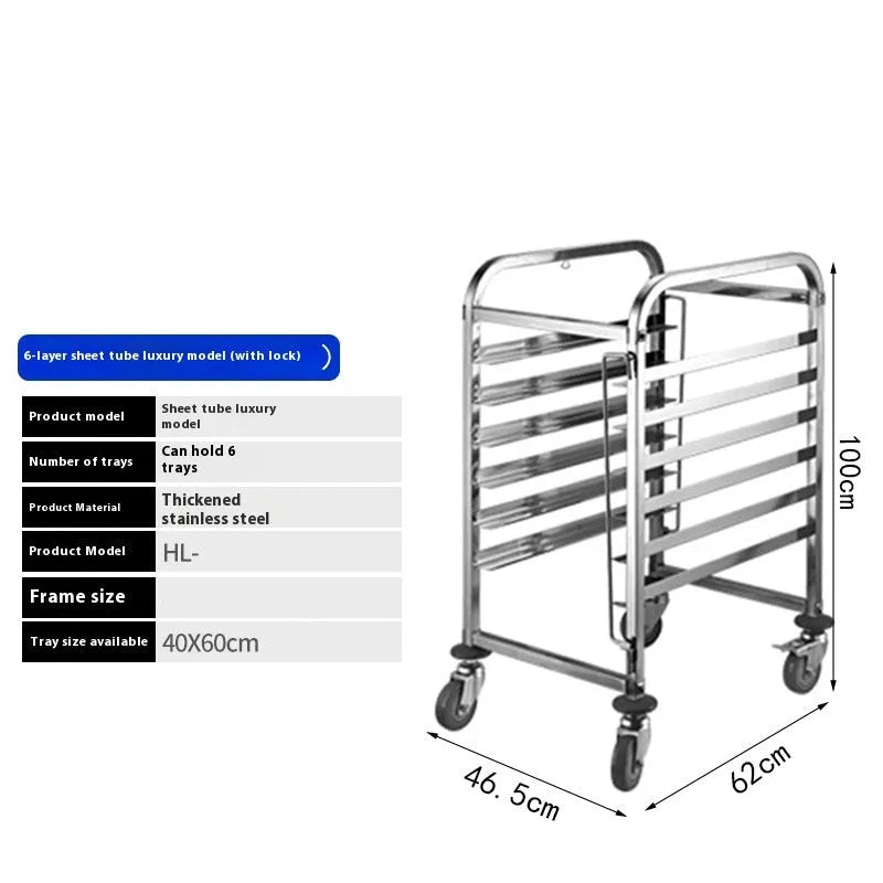 Stainless steel six-layer baking tray rack with locking mechanism and 40x60cm sheets.