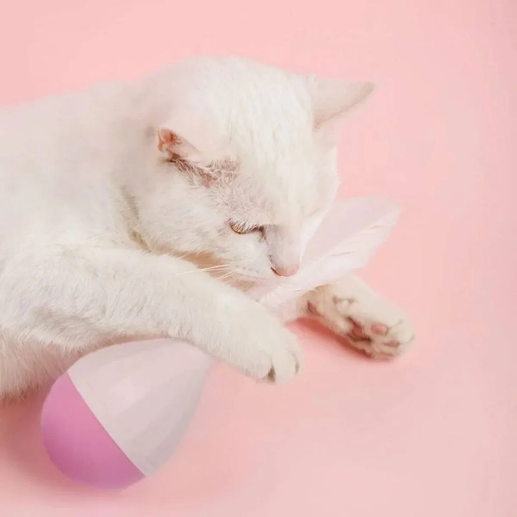 Green or pink feather tumbler cat toy with self-healing base and goose feather teaser.