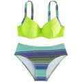 Green printed women's halterneck bikini top and split-style briefs set on a white background.