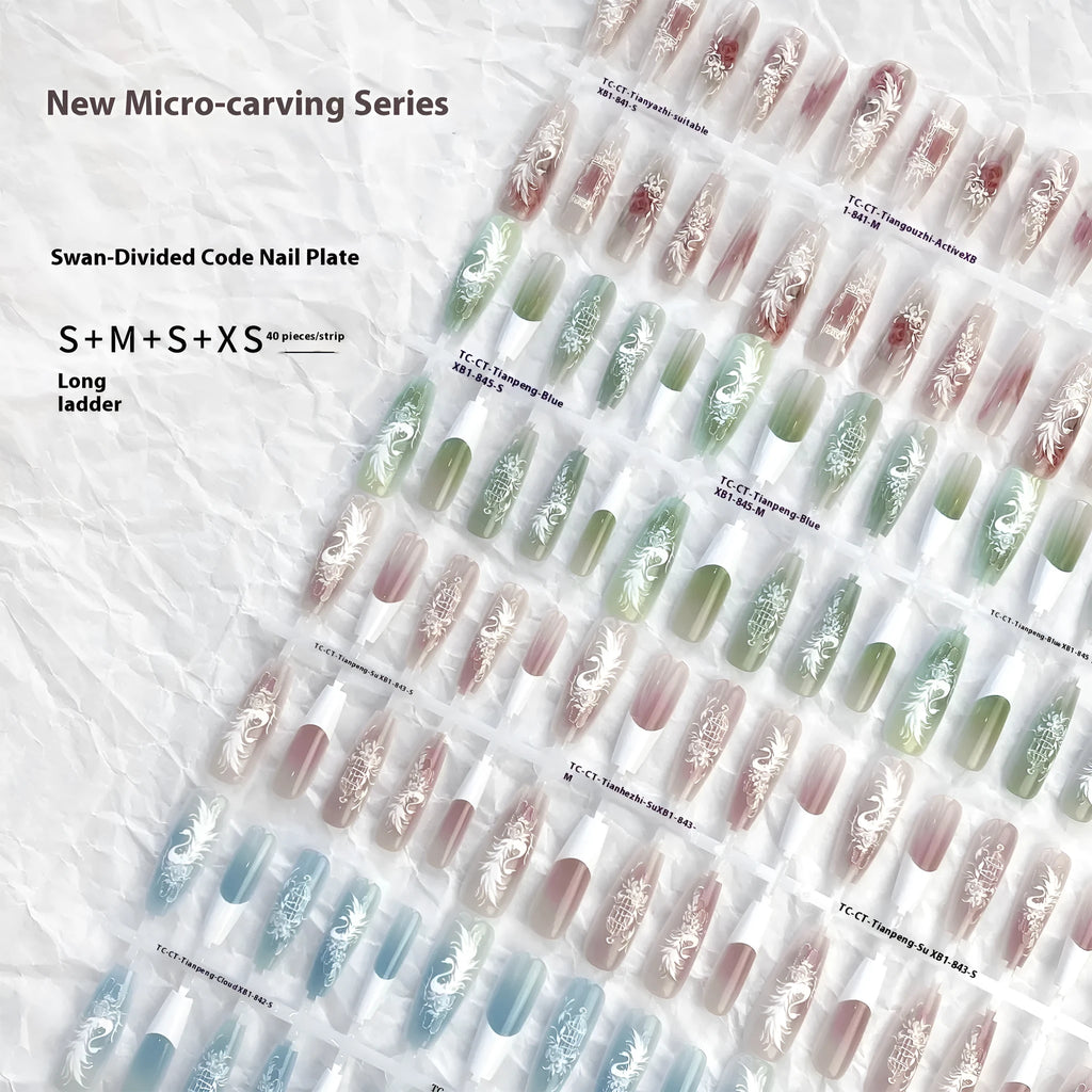 Antique swan relief embroidery press-on nail tips, 40pcs set in SMSXS, with matte or glossy finish options.