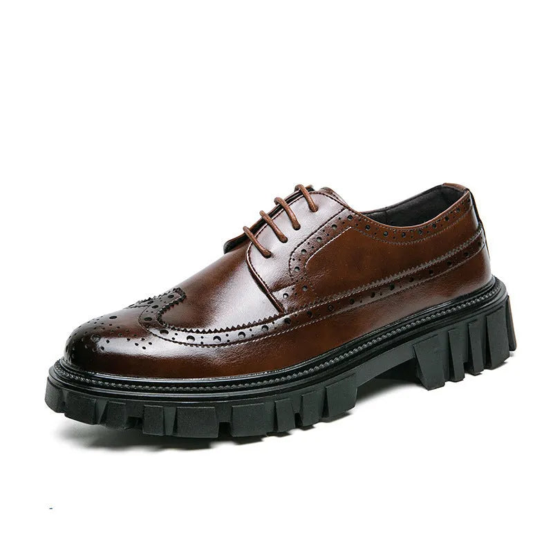 Men's black and brown formal brogue shoes with round toe and artificial PU upper.